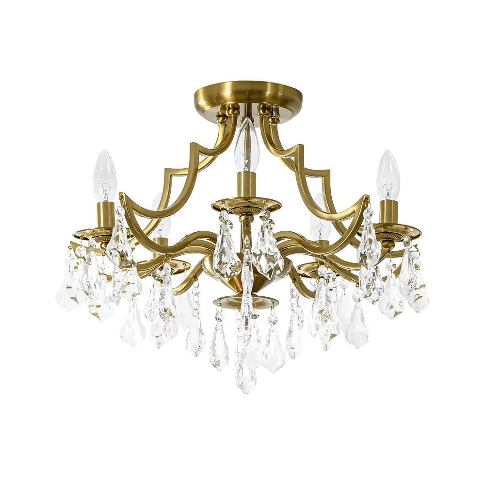 Brass 5-Light Candle Style Crystal Crown Semi Flush Mount - Image 4