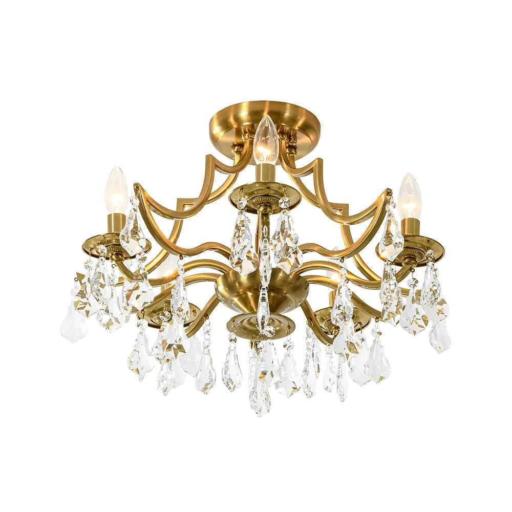 Brass 5-Light Candle Style Crystal Crown Semi Flush Mount - Image 6