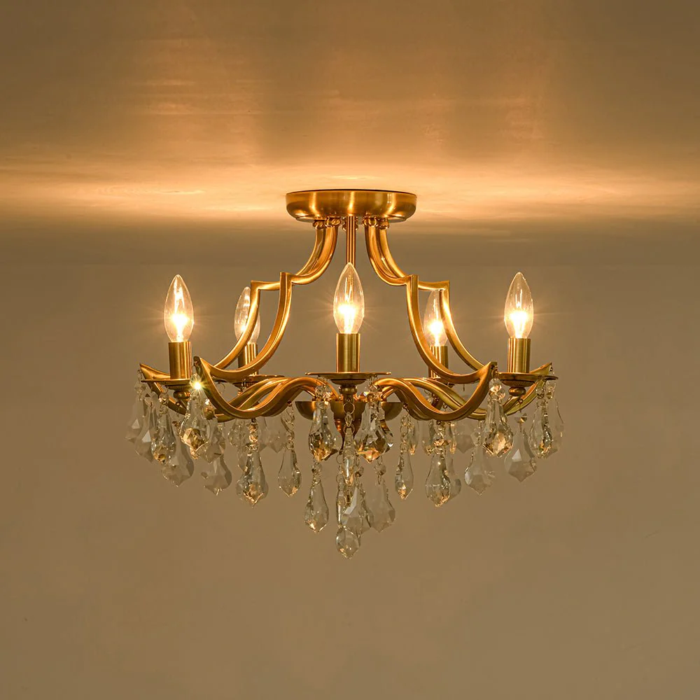 Brass 5-Light Candle Style Crystal Crown Semi Flush Mount - Image 7