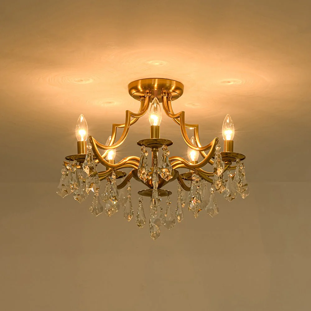 Brass 5-Light Candle Style Crystal Crown Semi Flush Mount - Image 8