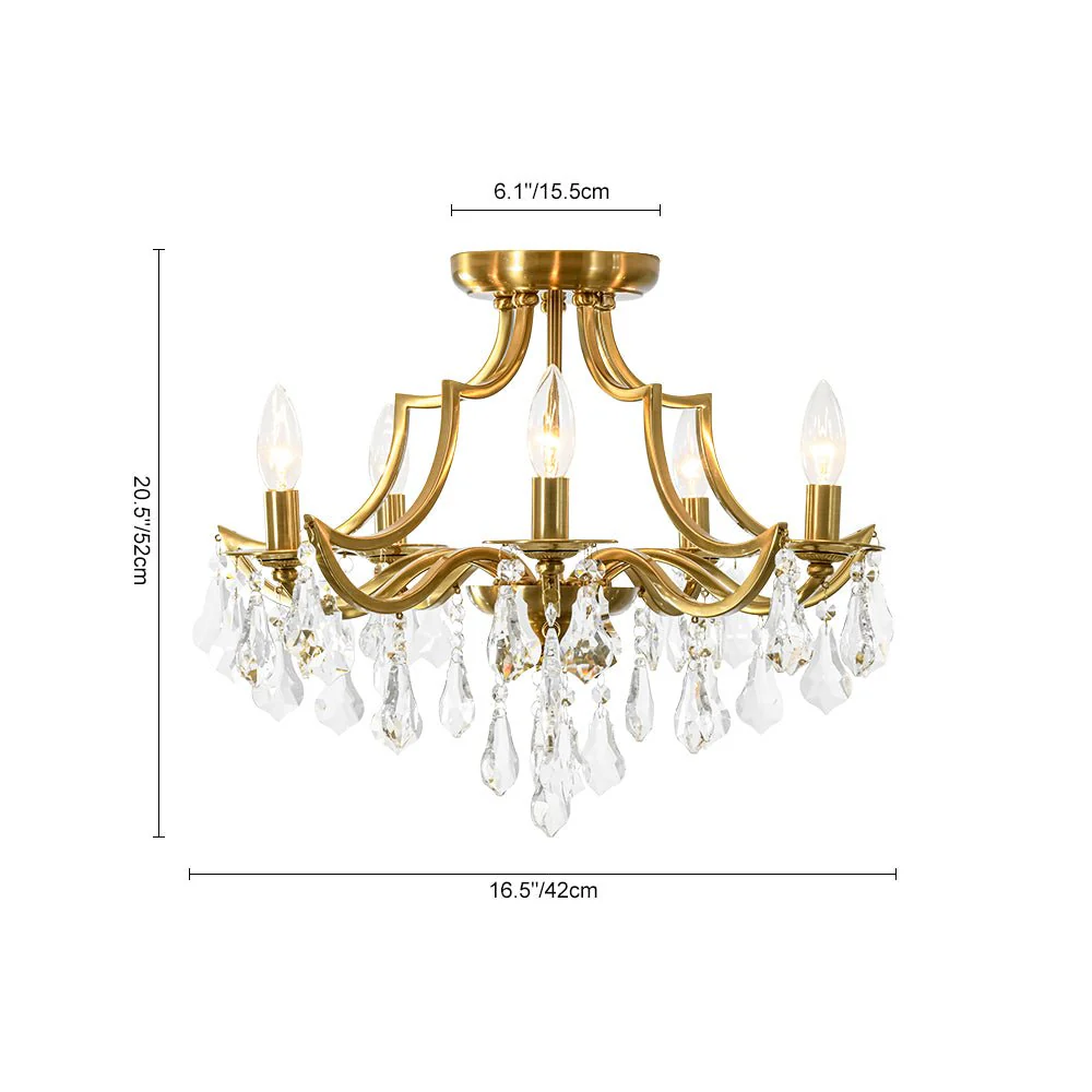 Brass 5-Light Candle Style Crystal Crown Semi Flush Mount - Image 9
