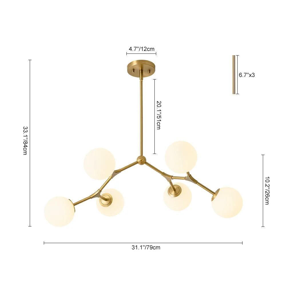 6-Light Opal Glass Globe Linear Branch Sputnik Chandelier - Image 3