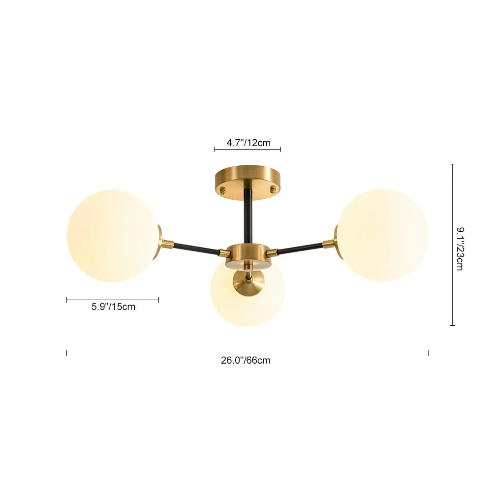 Brass Black 3-Light Frosted Glass Globe Semi Flush Mount - Image 8