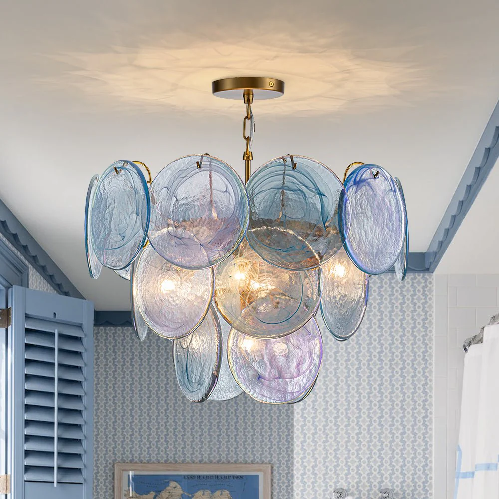 Glam Blue Iridescent Swirl Glass Round Tiered Chandelier - Image 3