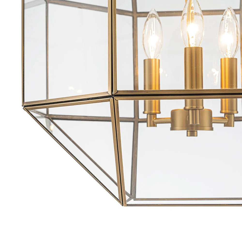 Brass Clear Glass Geometric Cube Lantern Pendant Light - Image 10