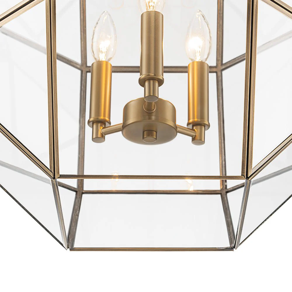 Brass Clear Glass Geometric Cube Lantern Pendant Light - Image 12