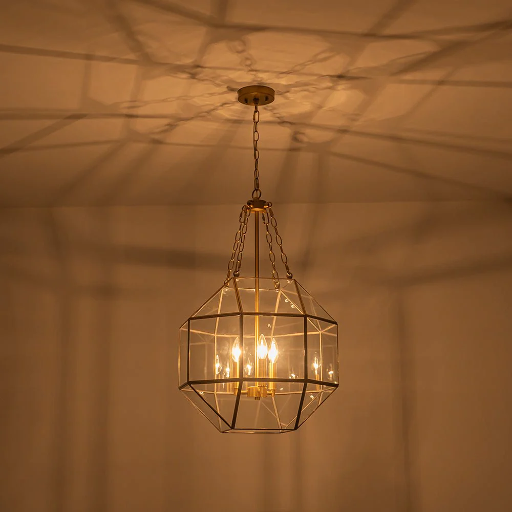 Brass Clear Glass Geometric Cube Lantern Pendant Light - Image 15