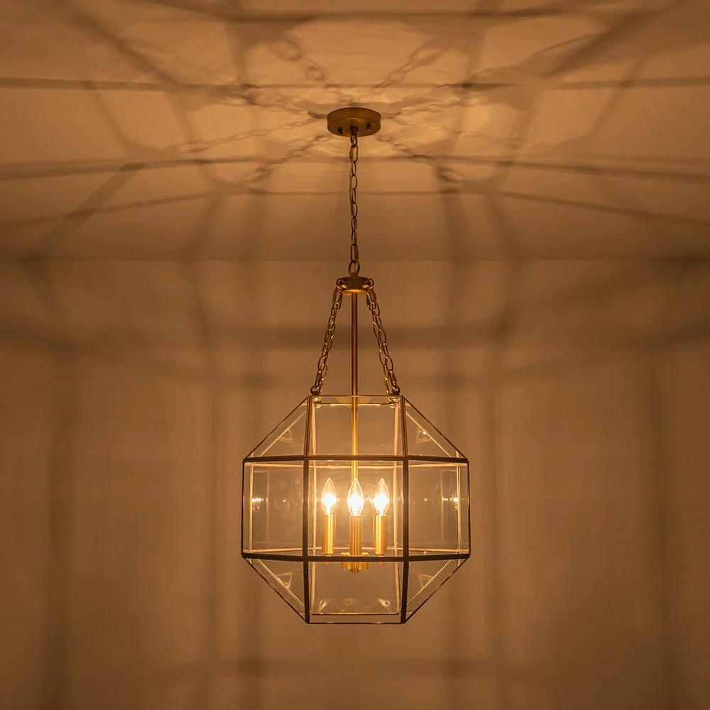 Brass Clear Glass Geometric Cube Lantern Pendant Light - Image 16