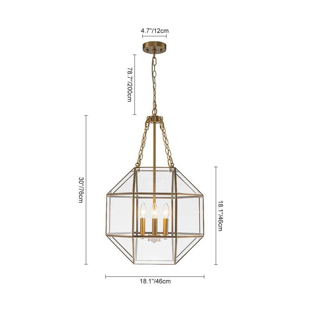 Brass Clear Glass Geometric Cube Lantern Pendant Light - Image 17