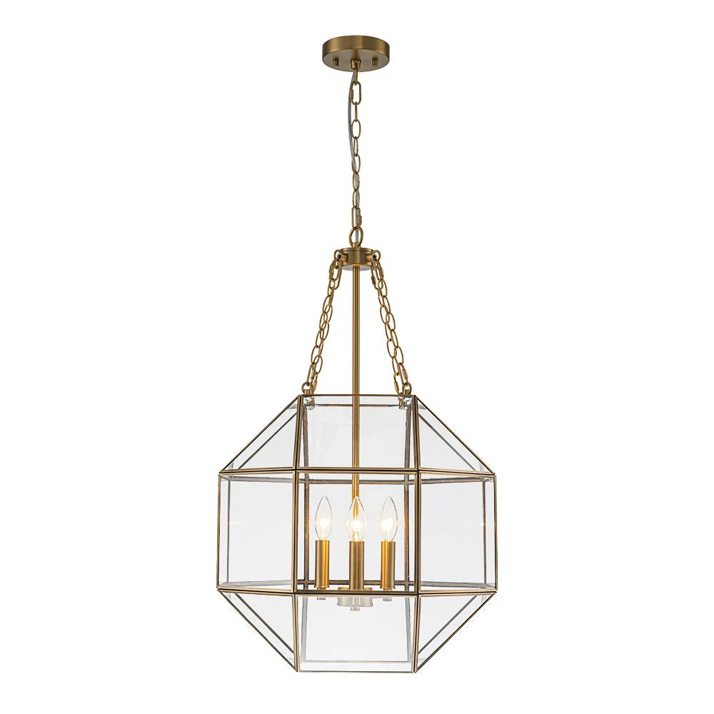 Brass Clear Glass Geometric Cube Lantern Pendant Light - Image 3