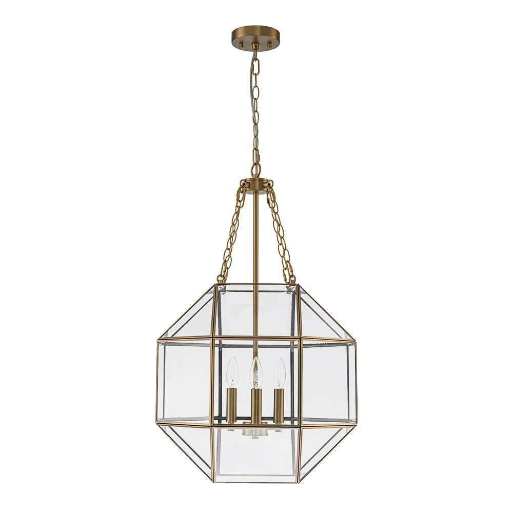 Brass Clear Glass Geometric Cube Lantern Pendant Light - Image 4