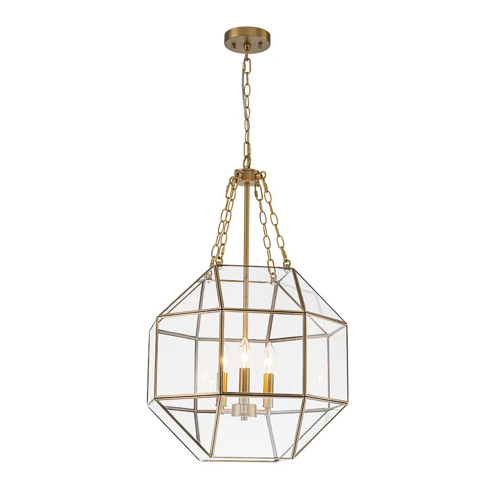 Brass Clear Glass Geometric Cube Lantern Pendant Light - Image 5