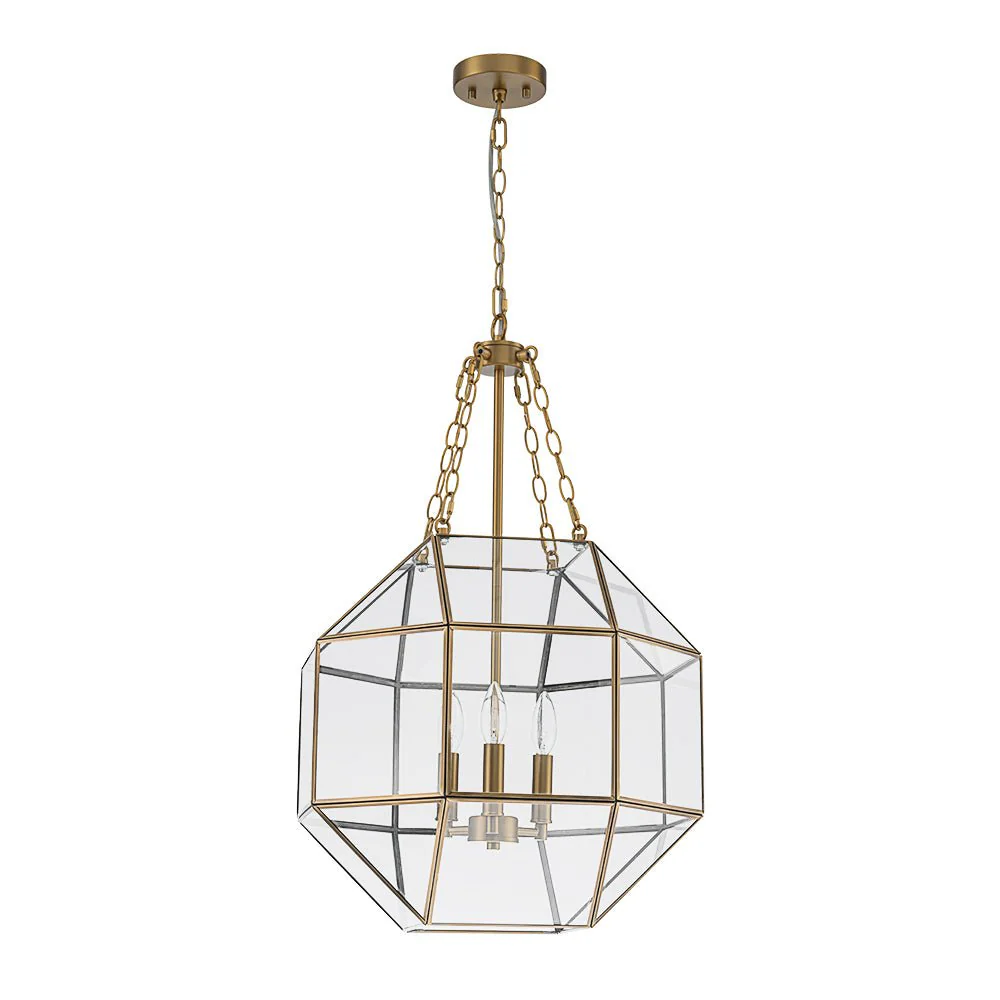 Brass Clear Glass Geometric Cube Lantern Pendant Light - Image 6