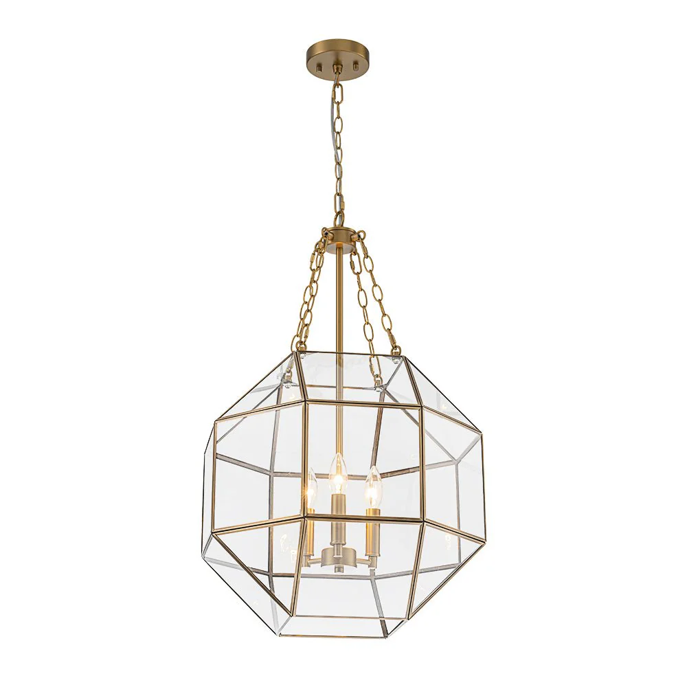 Brass Clear Glass Geometric Cube Lantern Pendant Light - Image 7