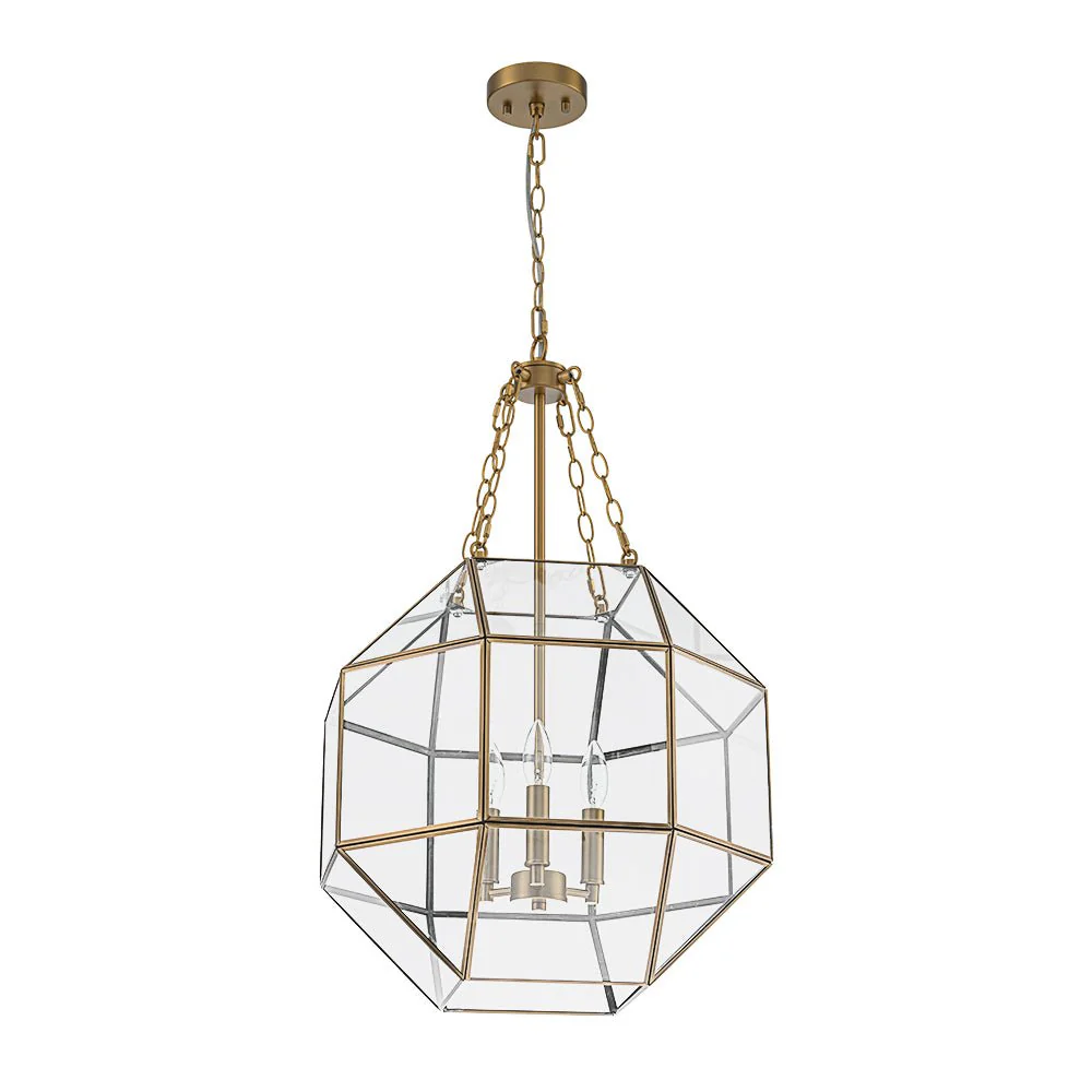 Brass Clear Glass Geometric Cube Lantern Pendant Light - Image 8