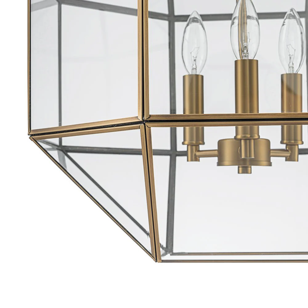 Brass Clear Glass Geometric Cube Lantern Pendant Light - Image 9