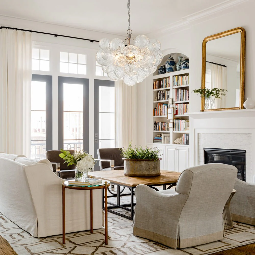 Brass Cluster Ribbed Glass Globe Bubble Chandelier - Image 14