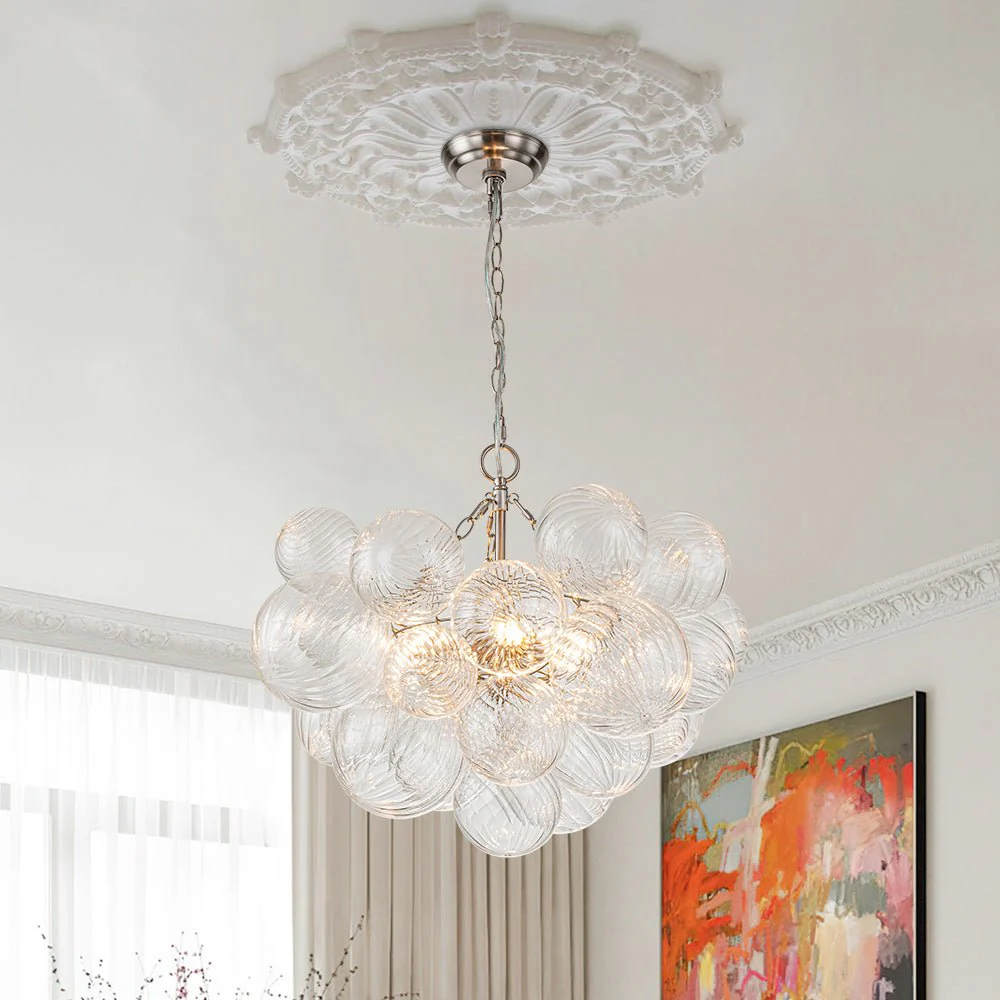 Brass Cluster Ribbed Glass Globe Bubble Chandelier - Image 16