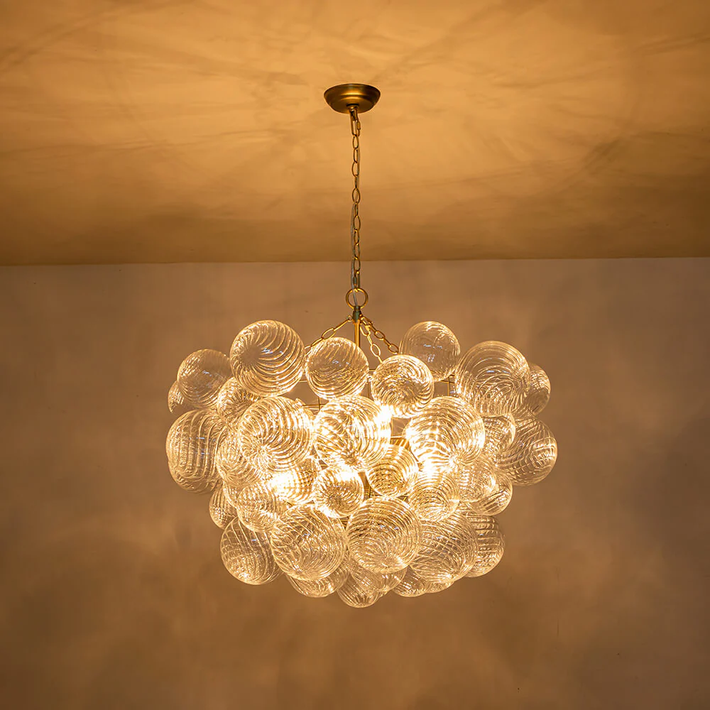 Brass Cluster Ribbed Glass Globe Bubble Chandelier - Image 18