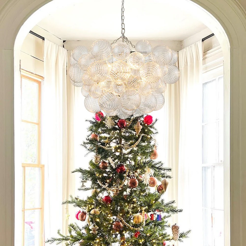 Brass Cluster Ribbed Glass Globe Bubble Chandelier - Image 19