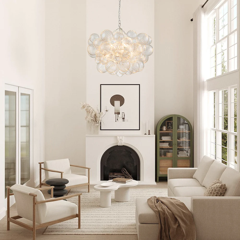 Brass Cluster Ribbed Glass Globe Bubble Chandelier - Image 20