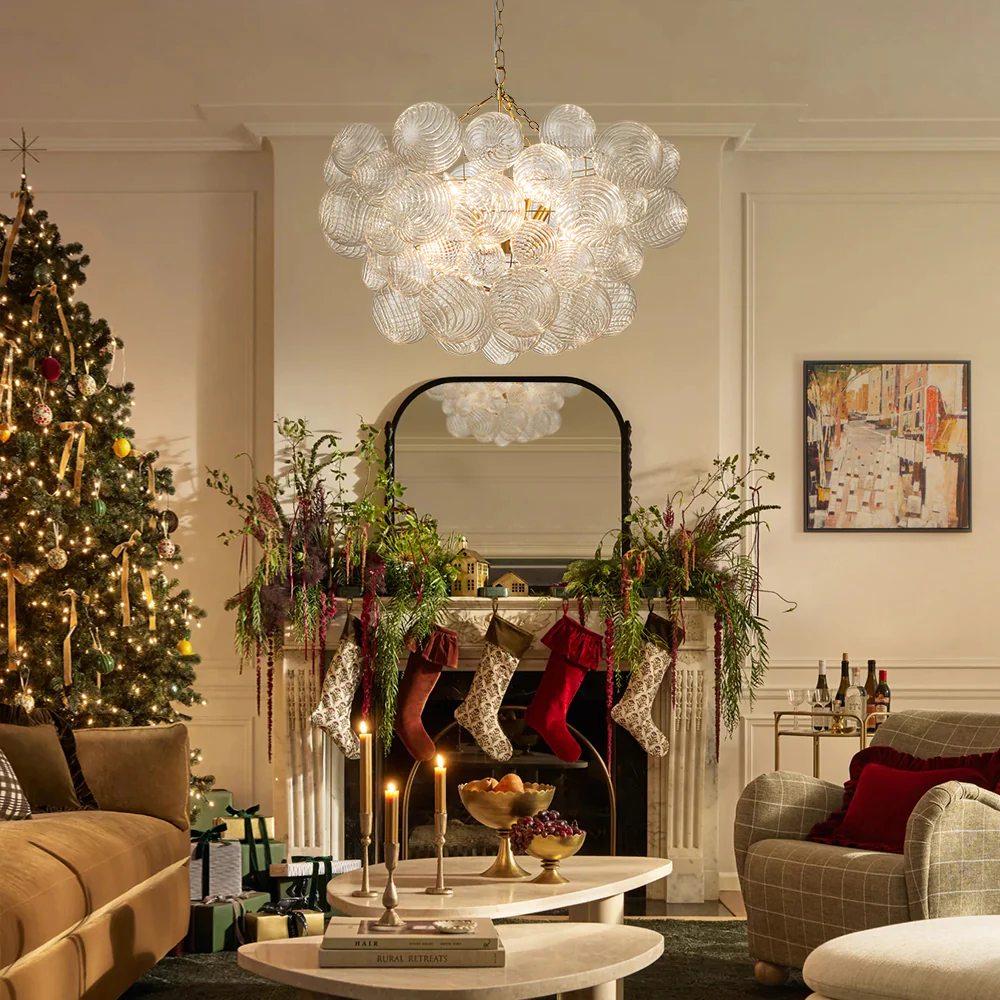 Brass Cluster Ribbed Glass Globe Bubble Chandelier - Image 21