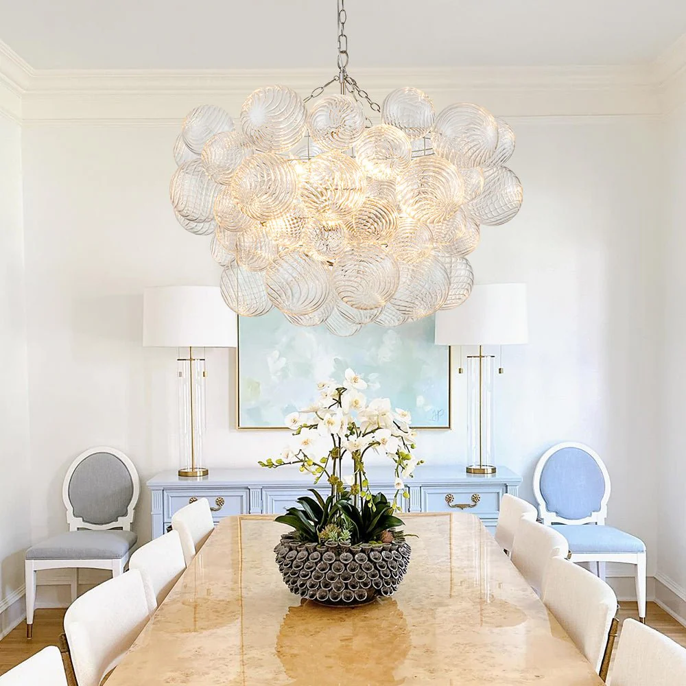 Brass Cluster Ribbed Glass Globe Bubble Chandelier - Image 22