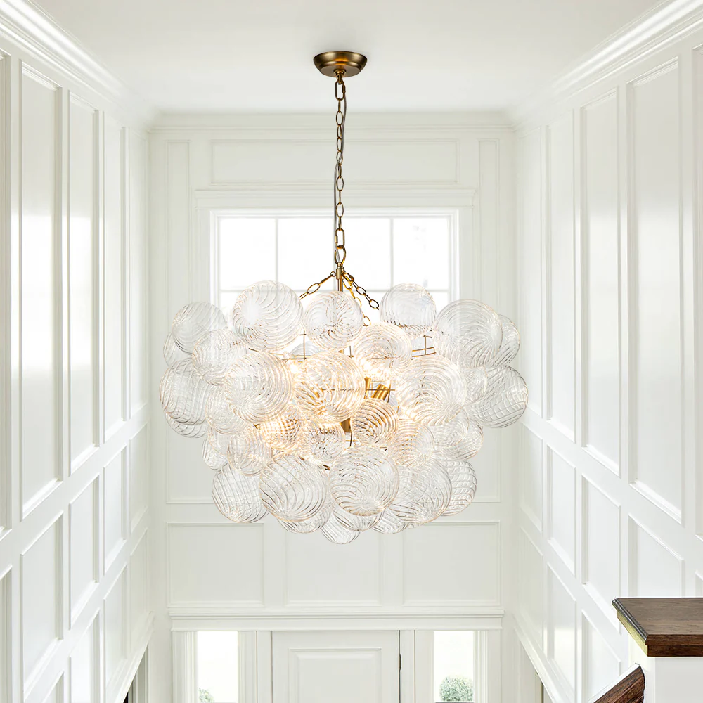 Brass Cluster Ribbed Glass Globe Bubble Chandelier - Image 23