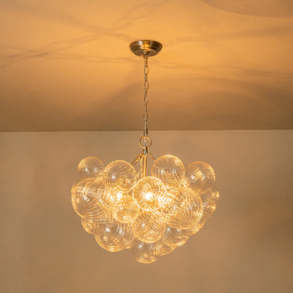 Brass Cluster Ribbed Glass Globe Bubble Chandelier - Image 24