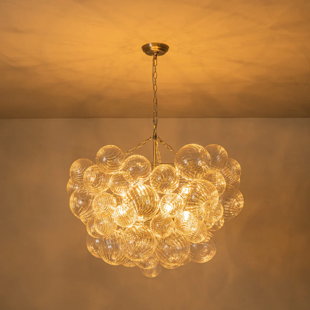 Brass Cluster Ribbed Glass Globe Bubble Chandelier - Image 26