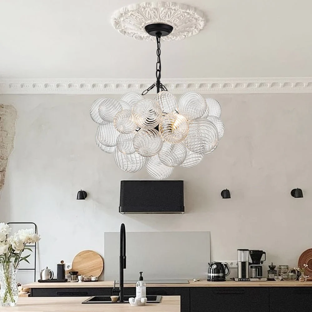 Brass Cluster Ribbed Glass Globe Bubble Chandelier - Image 53
