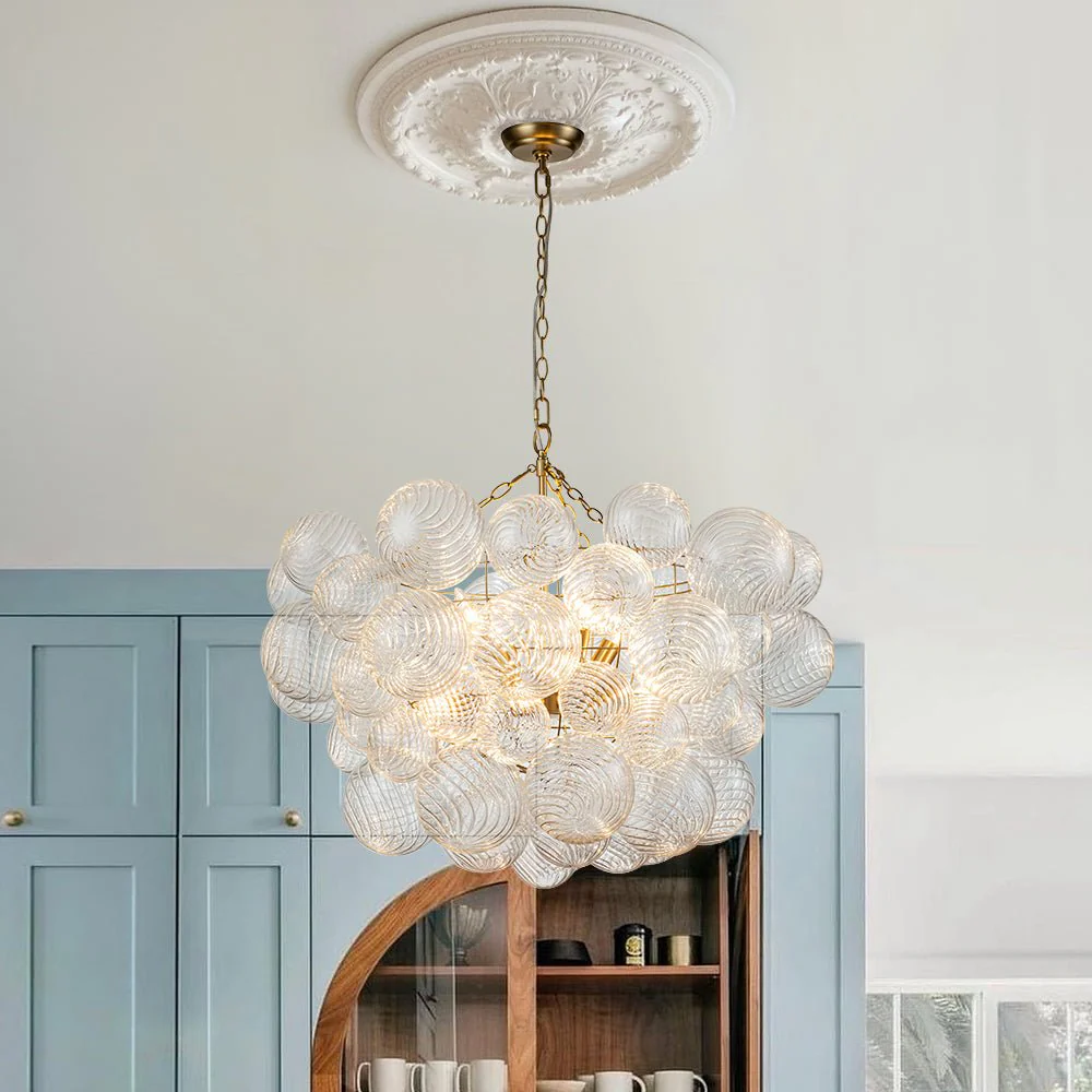 Brass Cluster Ribbed Glass Globe Bubble Chandelier - Image 6