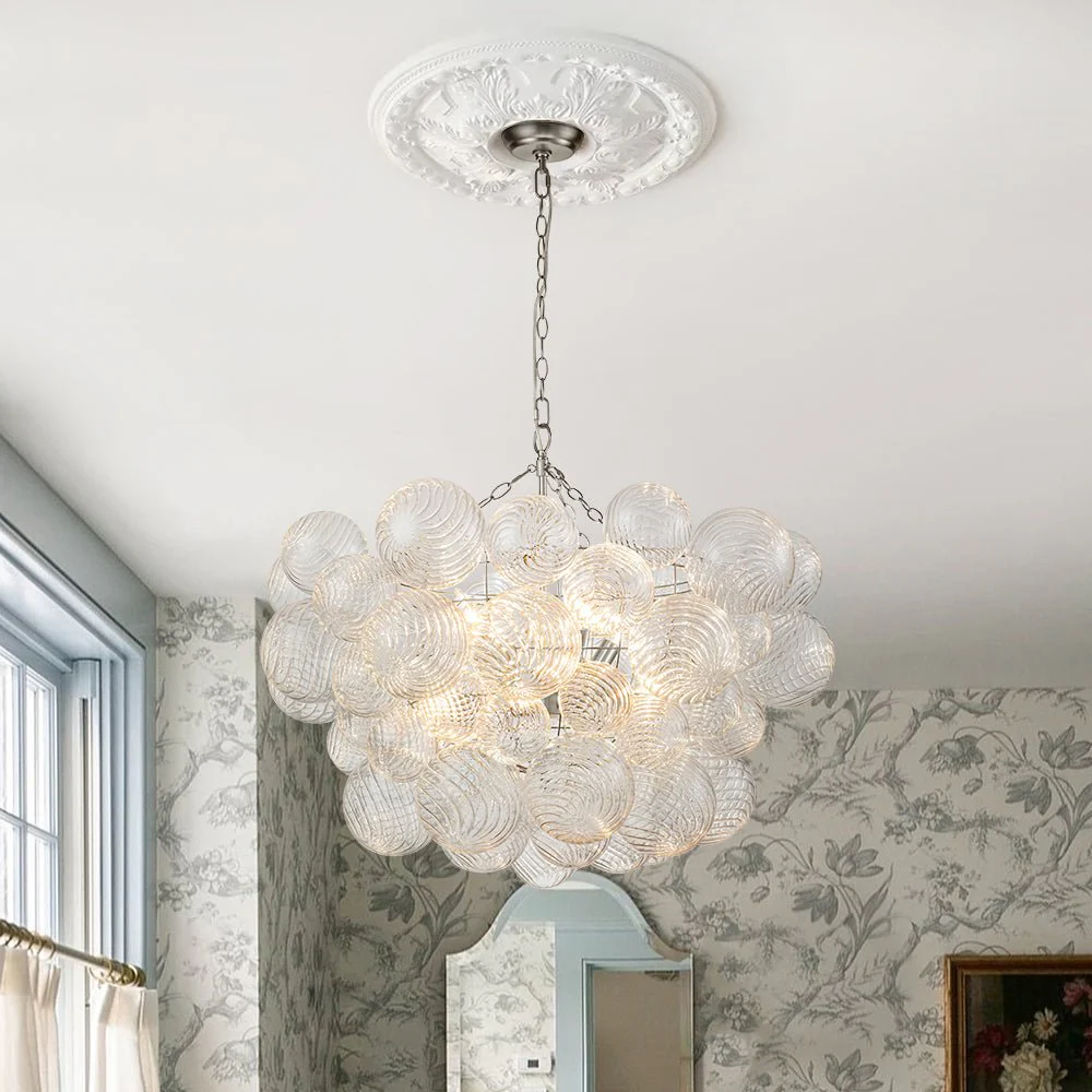 Brass Cluster Ribbed Glass Globe Bubble Chandelier - Image 7