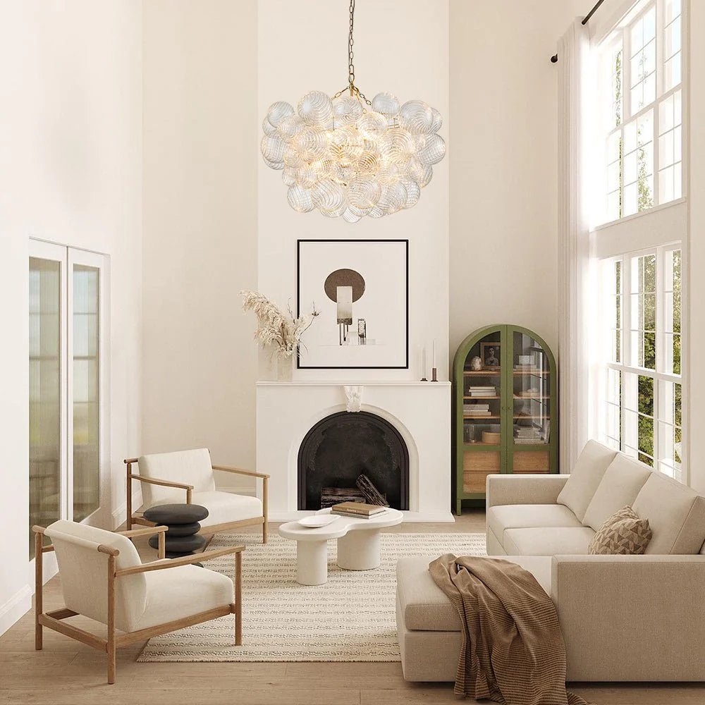 Brass Cluster Ribbed Glass Globe Bubble Chandelier - Image 9