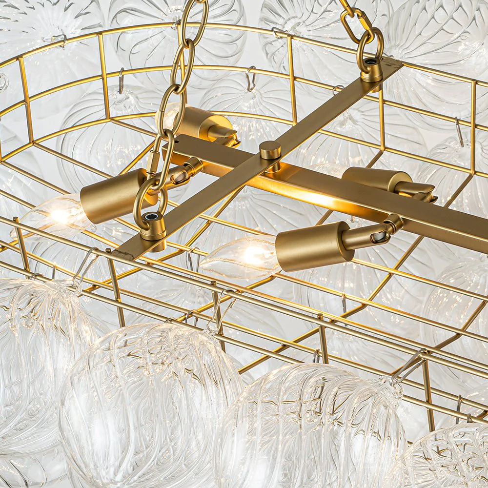 Brass Cluster Ribbed Glass Globe Bubble Linear Chandelier - Image 12