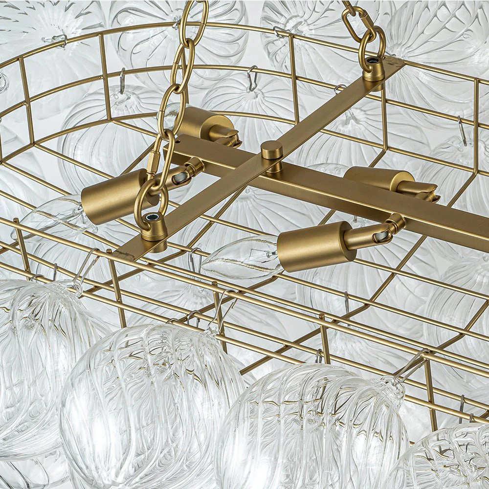 Brass Cluster Ribbed Glass Globe Bubble Linear Chandelier - Image 13