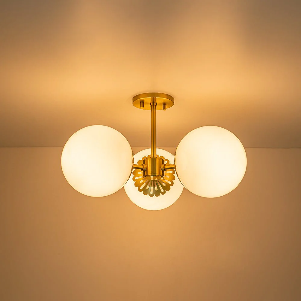Brass Daisy 3-Light Opal Glass Globe Semi Flush Light - Image 12
