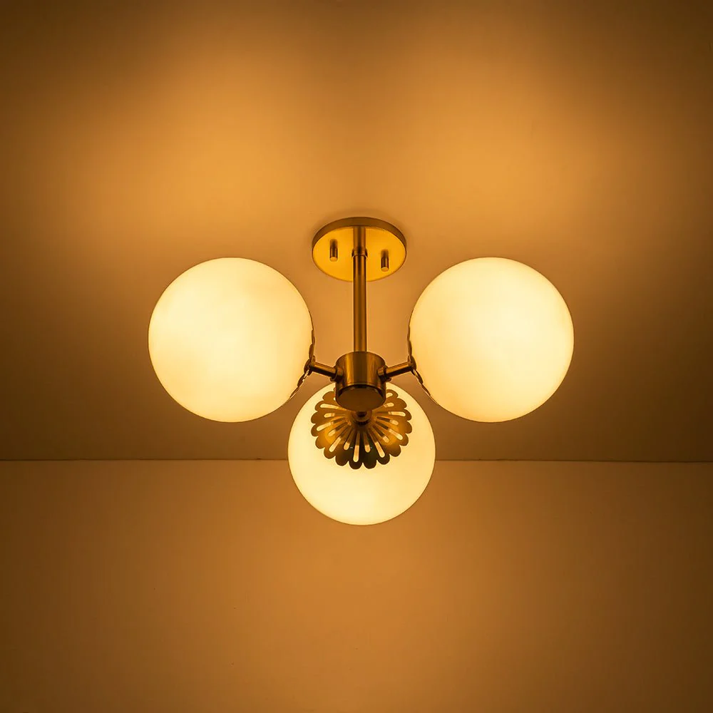 Brass Daisy 3-Light Opal Glass Globe Semi Flush Light - Image 13