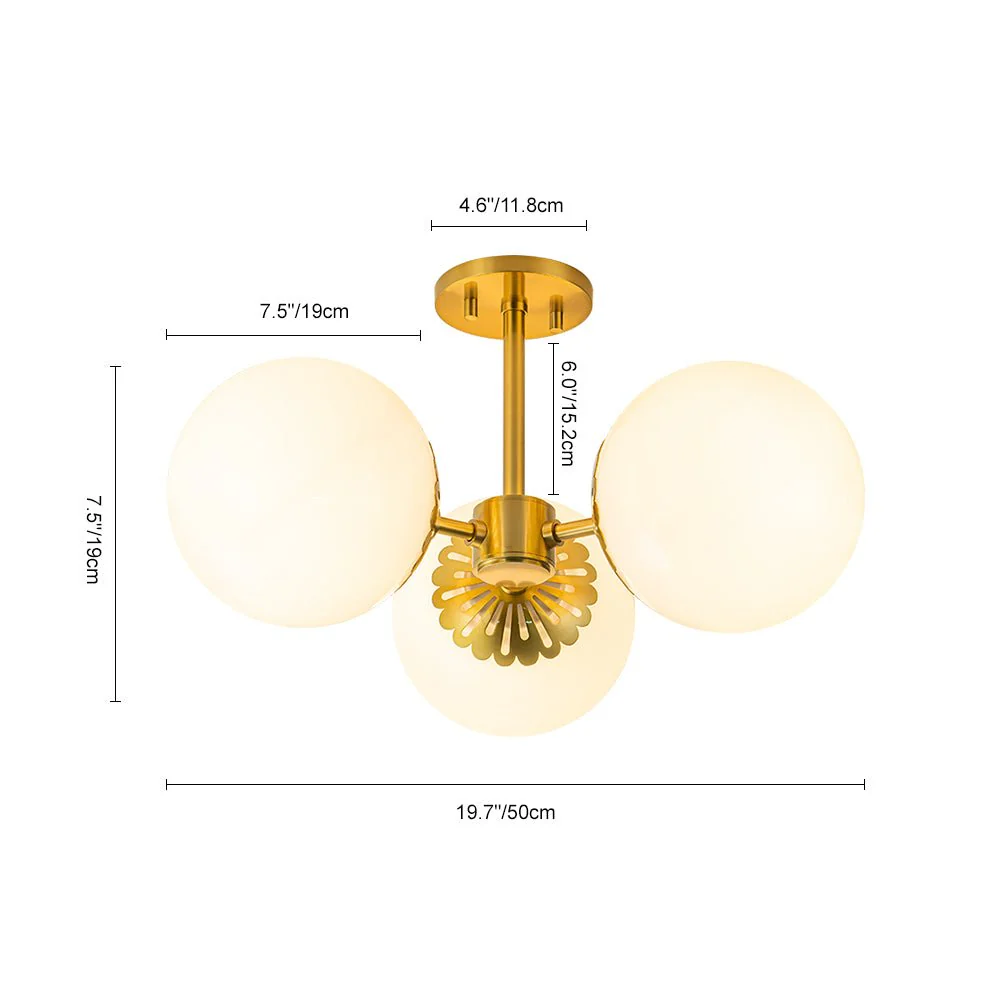 Brass Daisy 3-Light Opal Glass Globe Semi Flush Light - Image 14