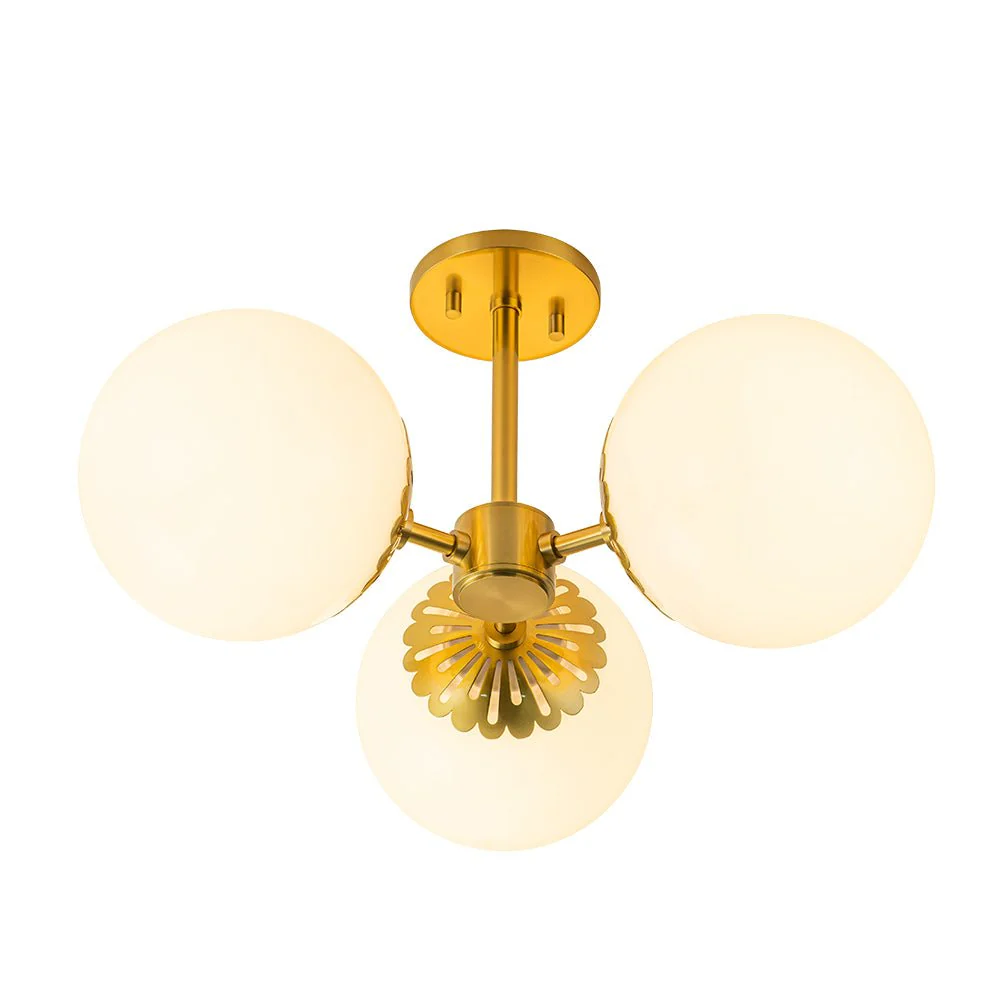 Brass Daisy 3-Light Opal Glass Globe Semi Flush Light - Image 3