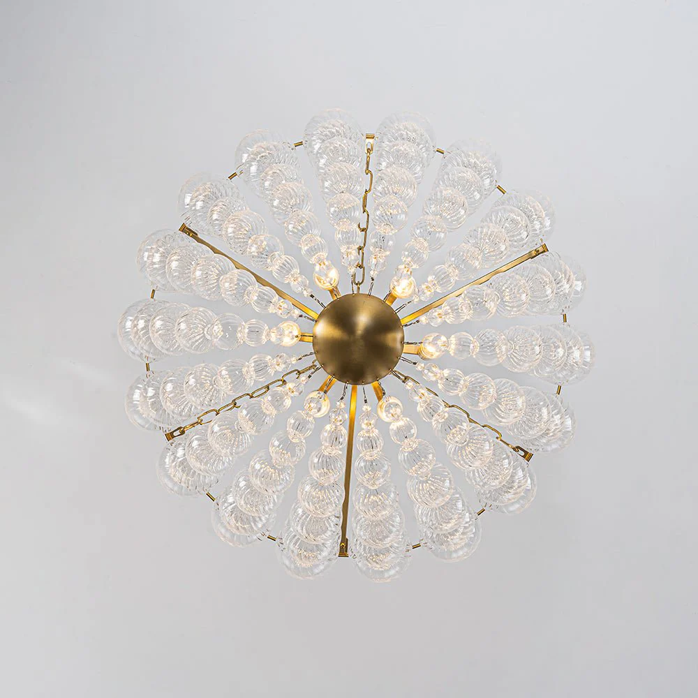 Brass Draped Ribbed Glass Bubble Round Pendant Chandelier - Image 11