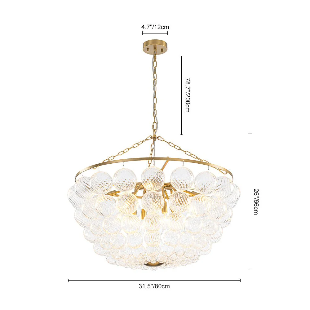 Brass Draped Ribbed Glass Bubble Round Pendant Chandelier - Image 13