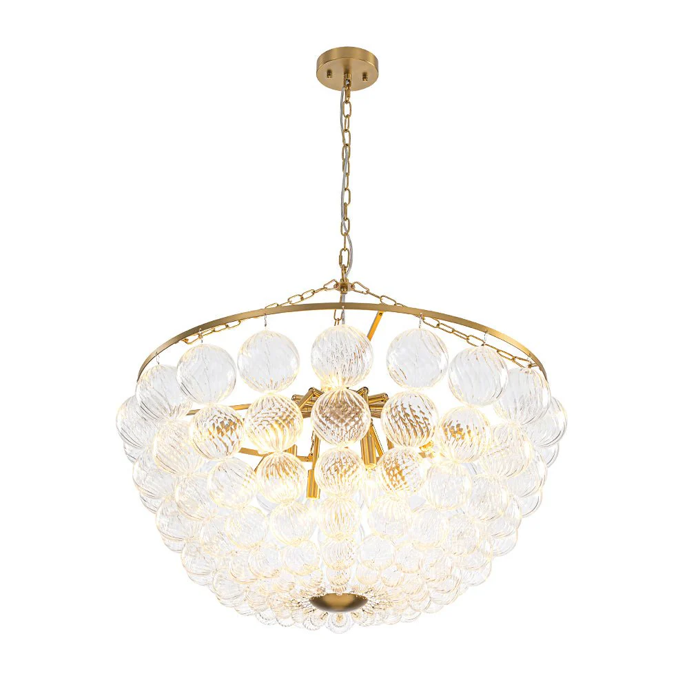 Brass Draped Ribbed Glass Bubble Round Pendant Chandelier - Image 16