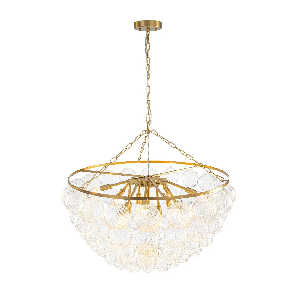 Brass Draped Ribbed Glass Bubble Round Pendant Chandelier - Image 17