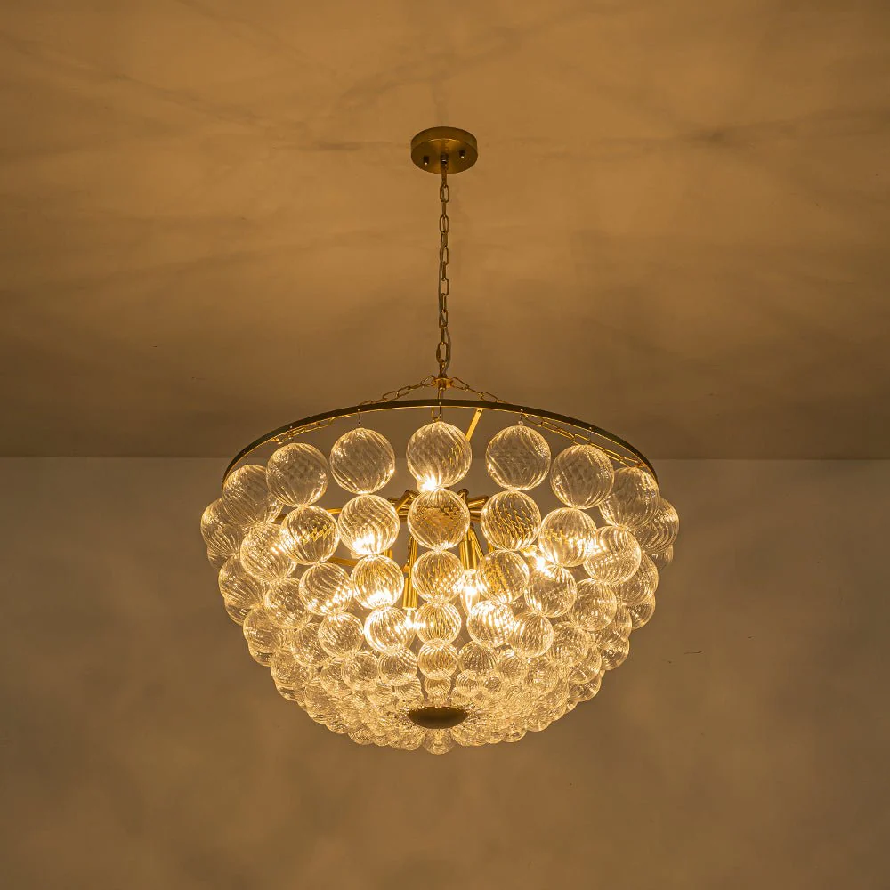 Brass Draped Ribbed Glass Bubble Round Pendant Chandelier - Image 18