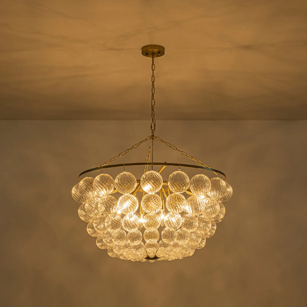 Brass Draped Ribbed Glass Bubble Round Pendant Chandelier - Image 19