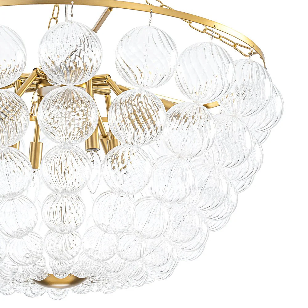 Brass Draped Ribbed Glass Bubble Round Pendant Chandelier - Image 24