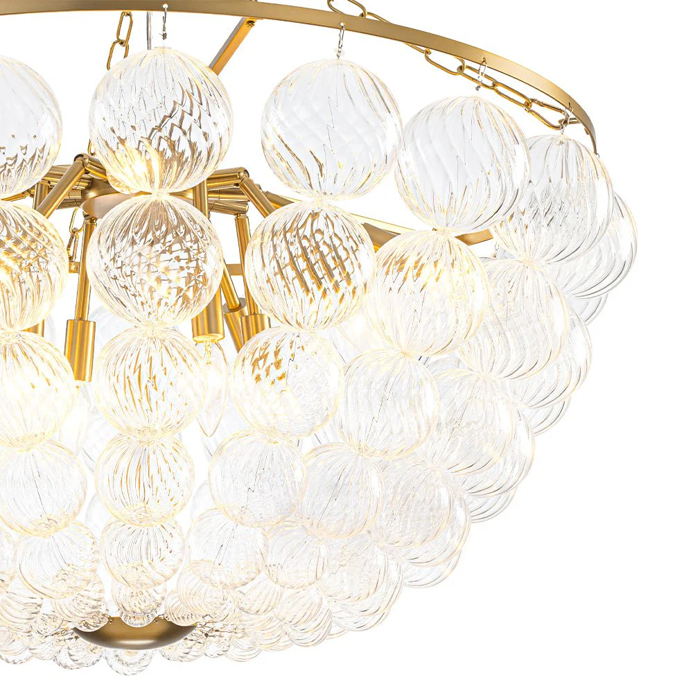 Brass Draped Ribbed Glass Bubble Round Pendant Chandelier - Image 25