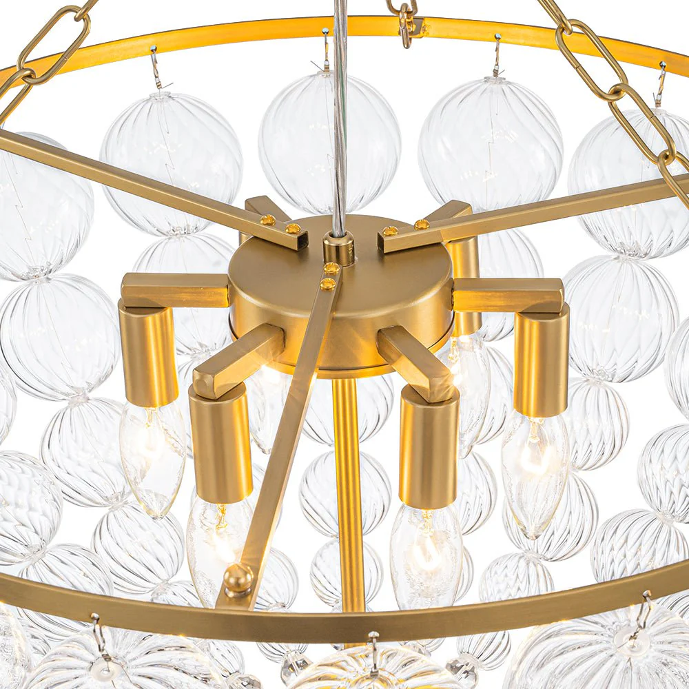 Brass Draped Ribbed Glass Bubble Round Pendant Chandelier - Image 26