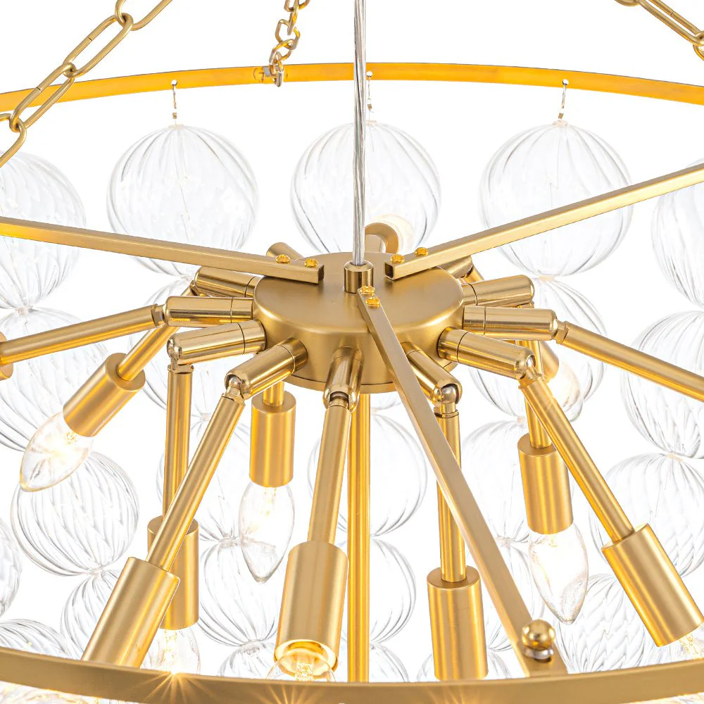 Brass Draped Ribbed Glass Bubble Round Pendant Chandelier - Image 27